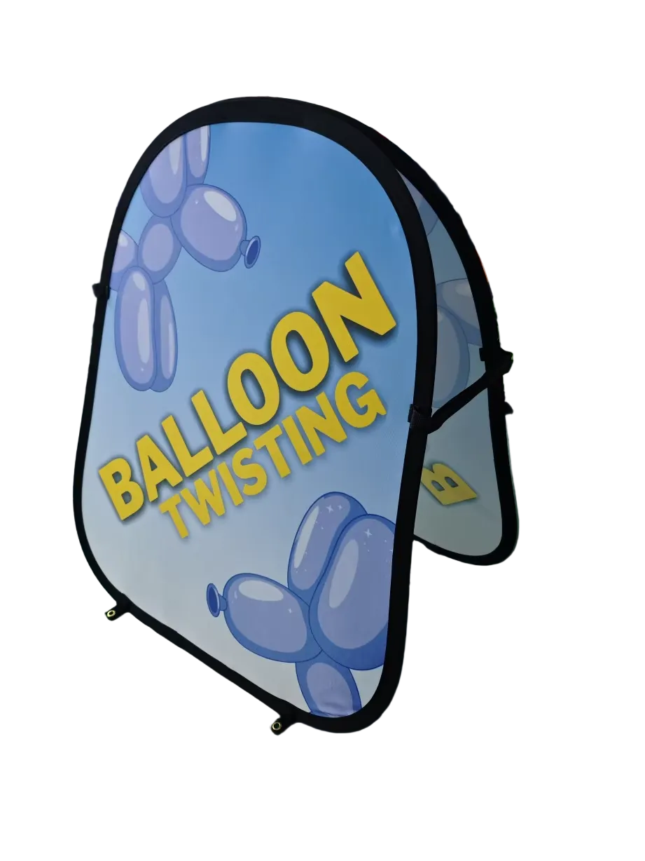 Portable pop-up booth sign for balloon twisting.