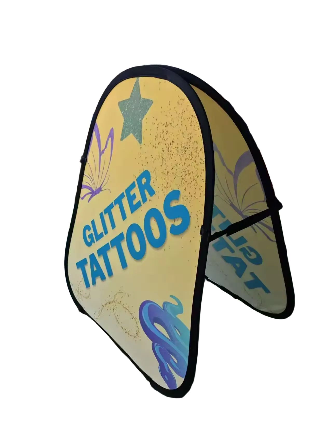 Portable pop-up display sign that says glitter tattoos.