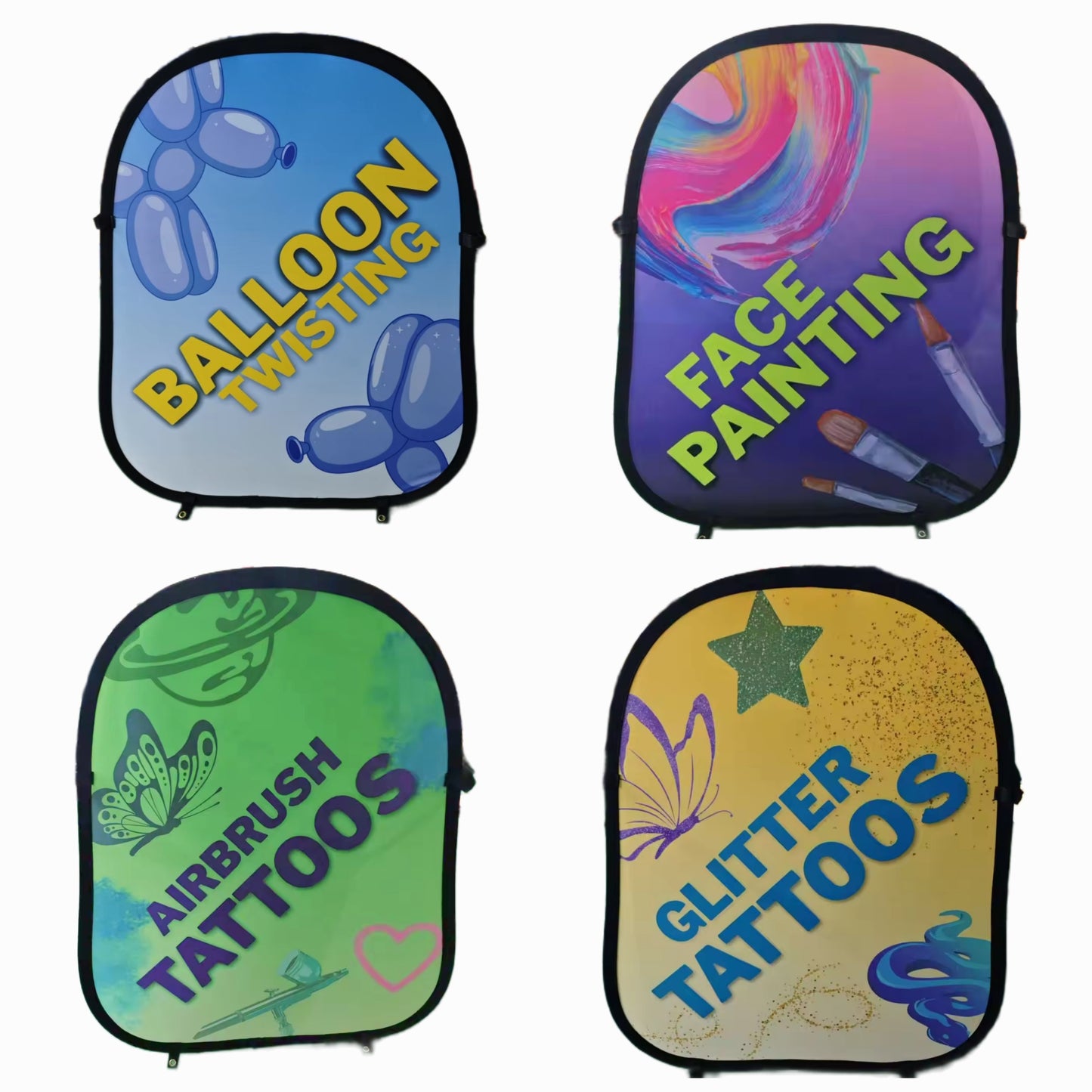 Portable pop up booth display signs in four options balloon twisting, face painting, airbrush tattoos, glitter tattoos