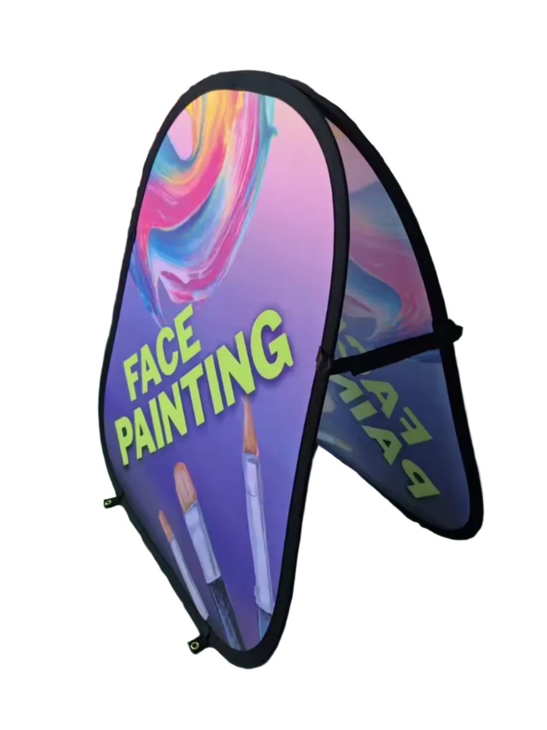 Side view of a portable pop-up face painting display sign